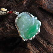 老坑A貨天然鑲金冰糯種翡翠陽綠彌勒佛掛件