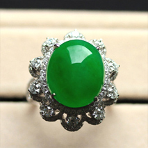 翡翠蛋面鑲金戒指女款 玻璃種熒光玉石