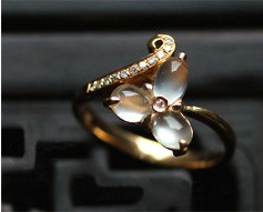 玻璃種翡翠A貨女款花戒指 天然緬甸玉鑲金指環